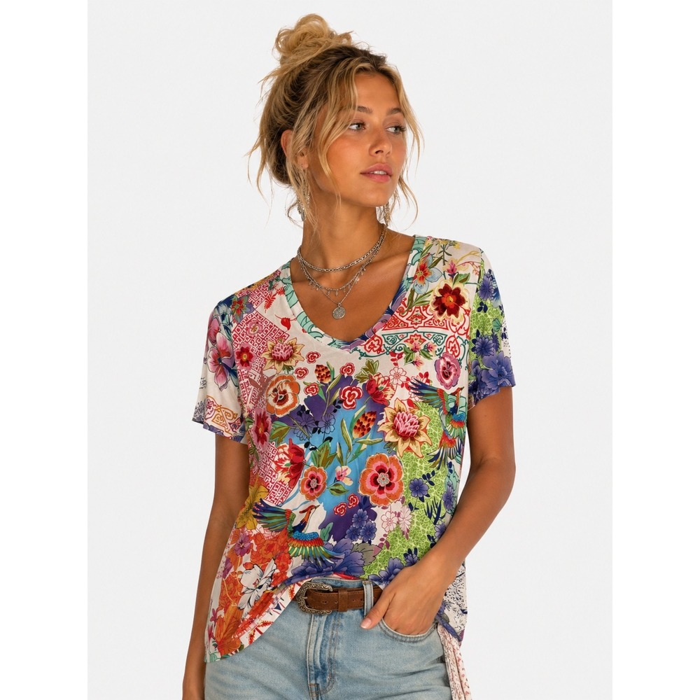 Johnny Was Floral Patchwork Print V-Neck Tee T-shirt T11226-1 Multicolor M